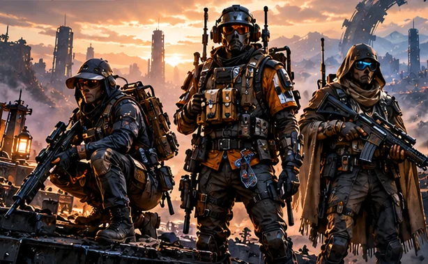A squad of three Raiders in front of a ruined city